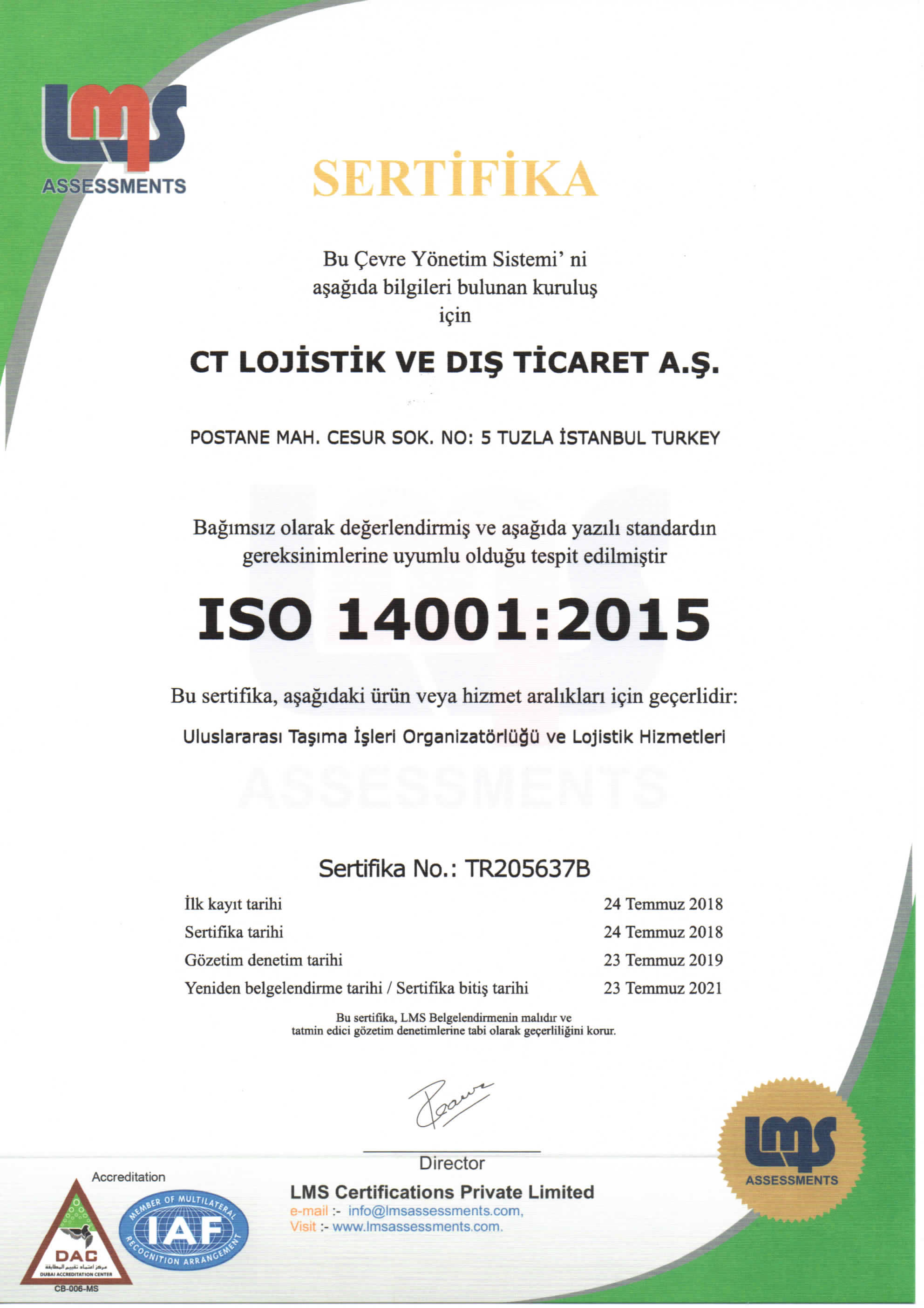 CT Lojistik ve Dış Ticaret A.Ş ISO 14001