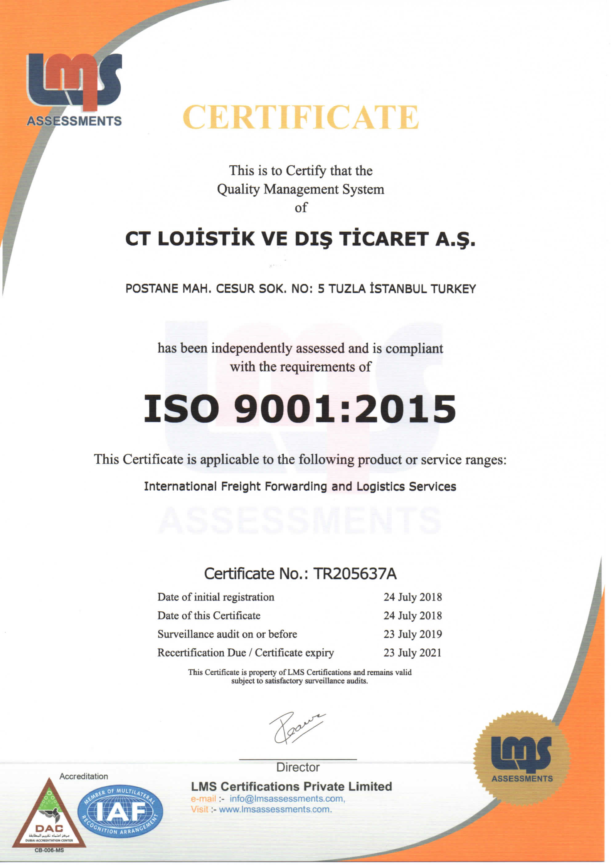 CT Lojistik ve Dış Ticaret A.Ş ISO 9001